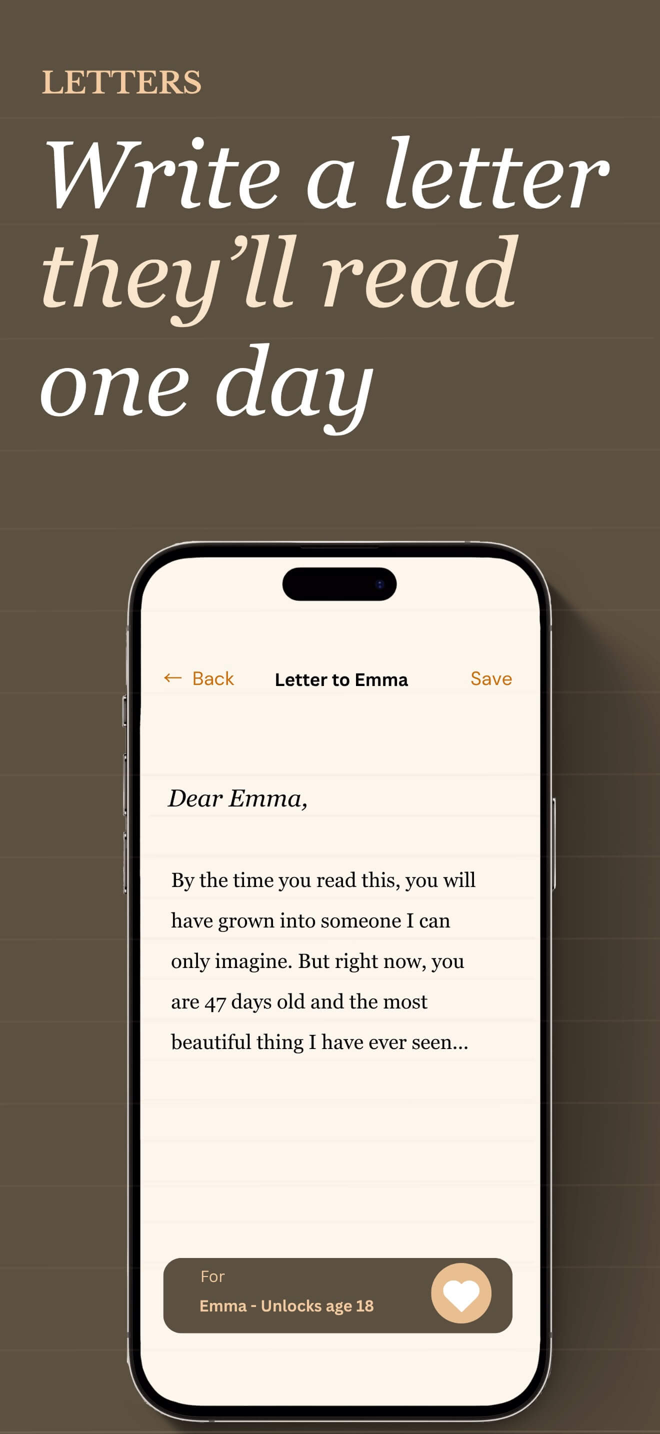 Writing a letter to a child in The Days We Keep, sealed to open at 18