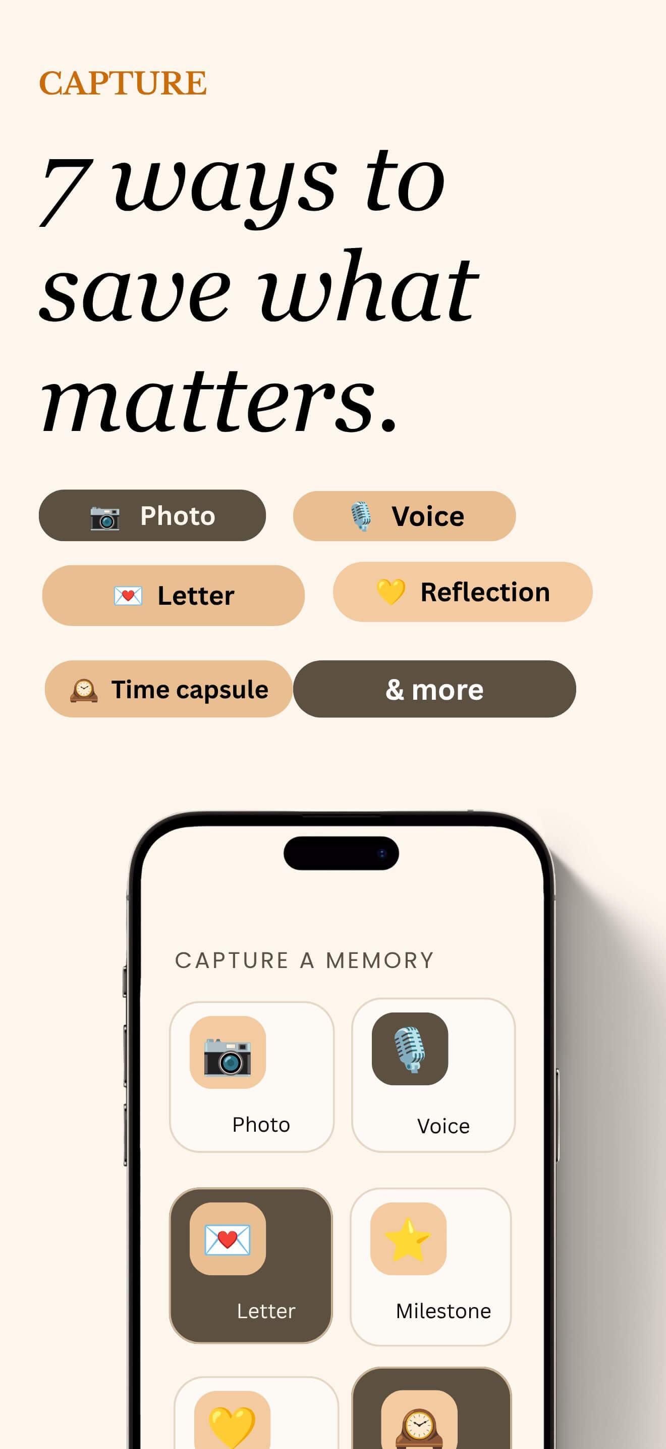 Seven ways to build a memory in The Days We Keep — photo, voice, letter, reflection, and more