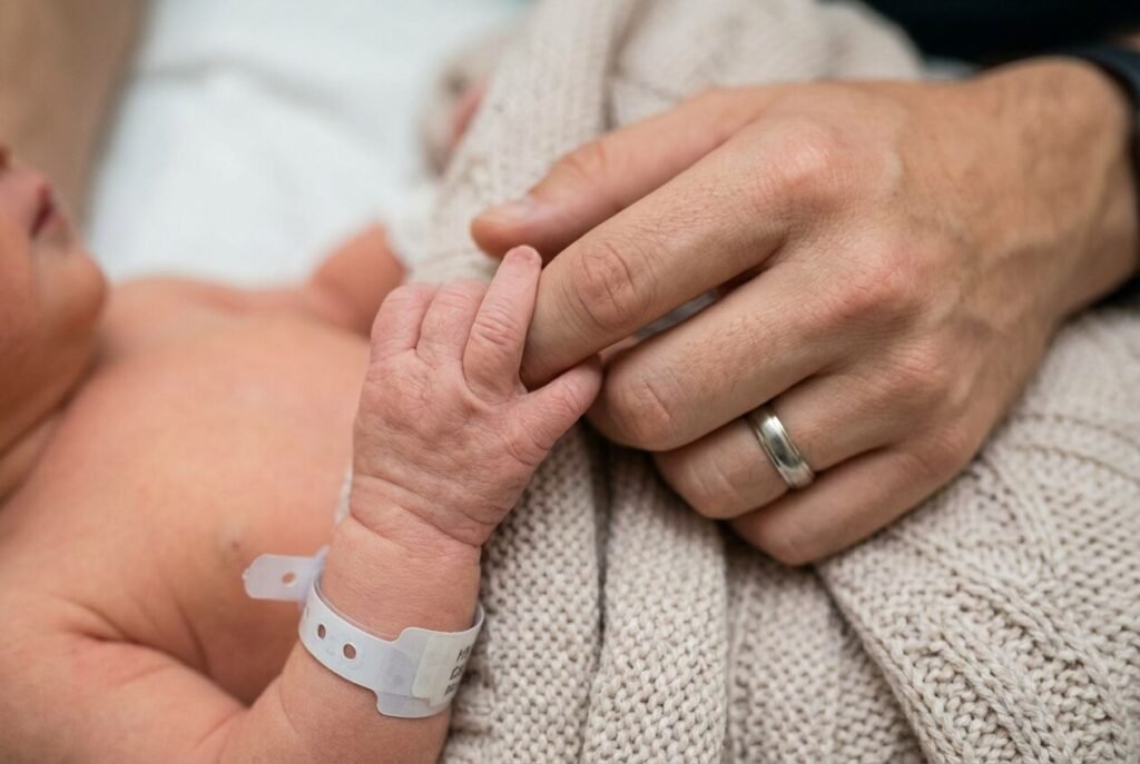 A newborn's hand holding a parent's finger