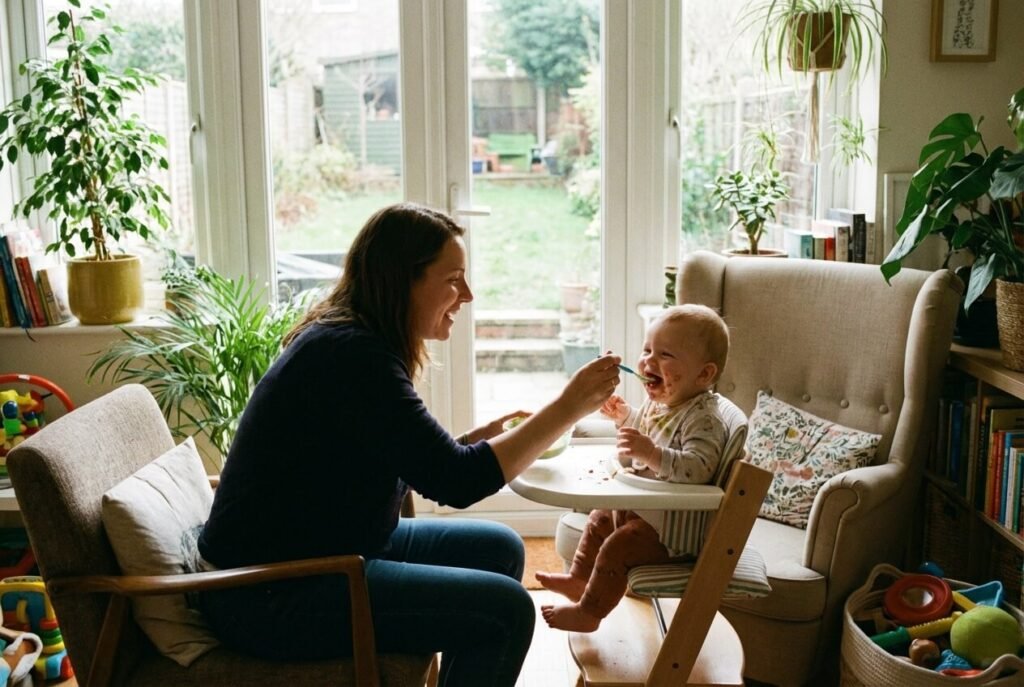 A baby in a high chair trying first foods
