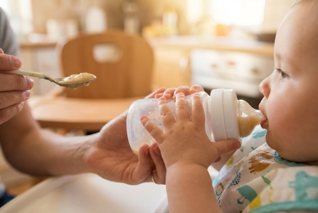 Close-up of hands, a bottle and a spoon