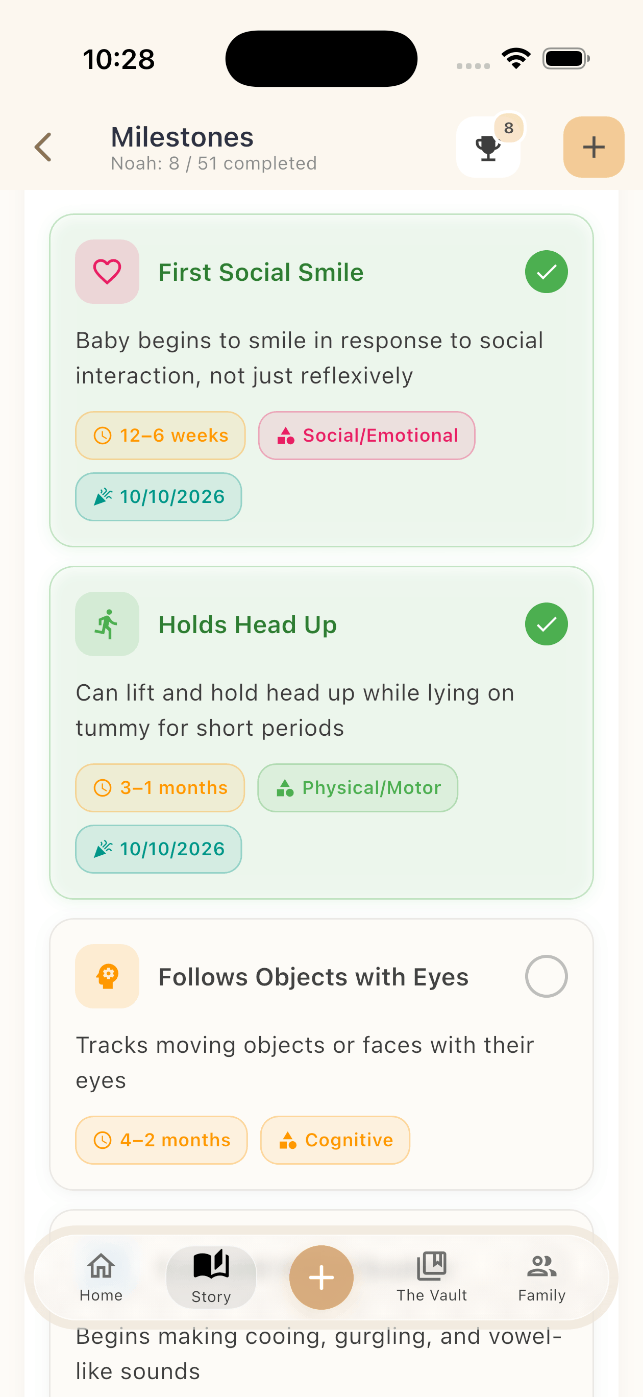 The Days We Keep milestone list with a first food checked