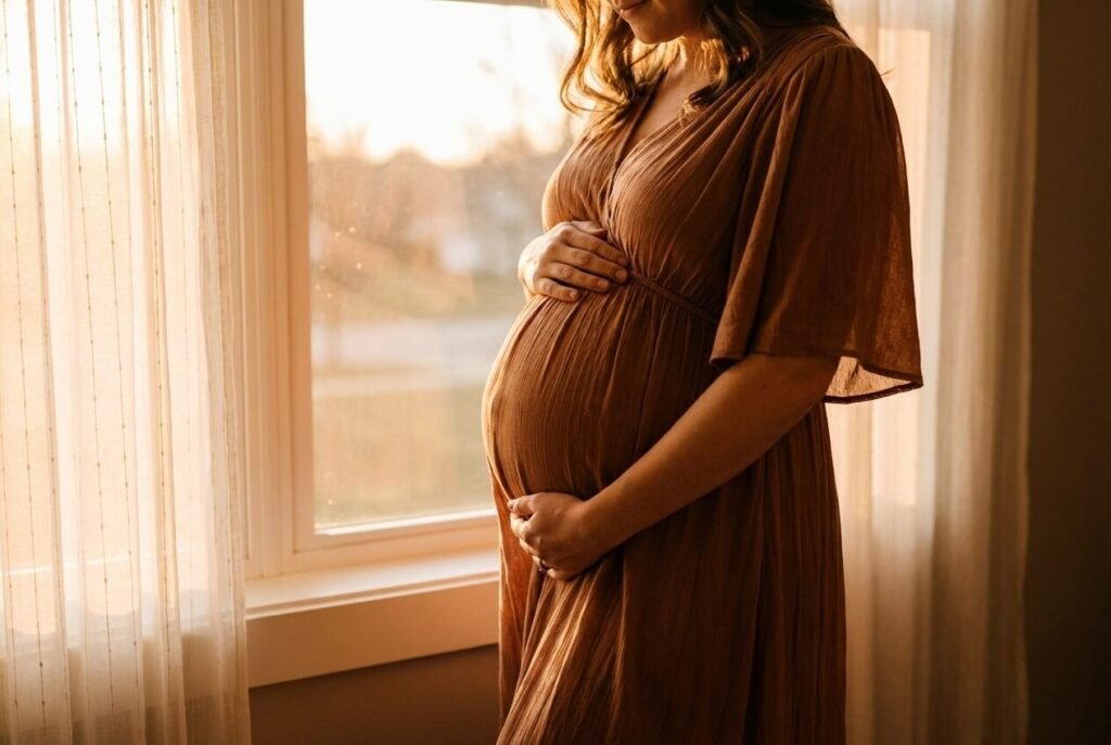 A pregnant woman with a hand on her belly