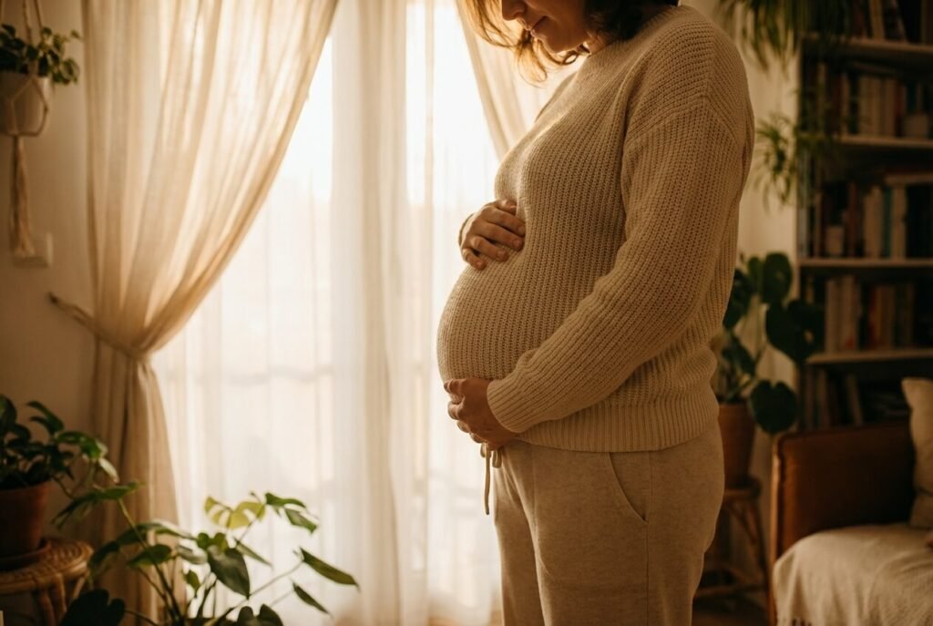 A pregnant woman with a hand on her belly