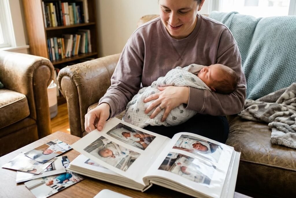 A few printed photos and an album on a table