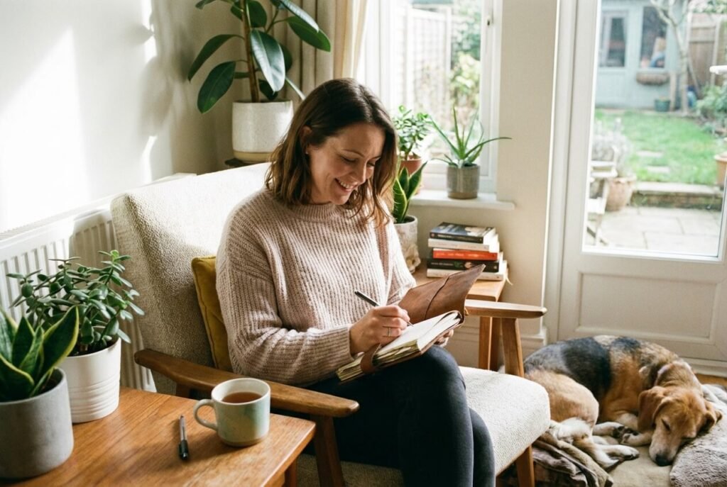 A parent writing in a notebook
