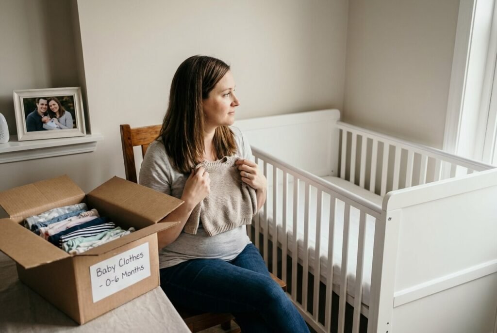 A parent folding outgrown baby clothes