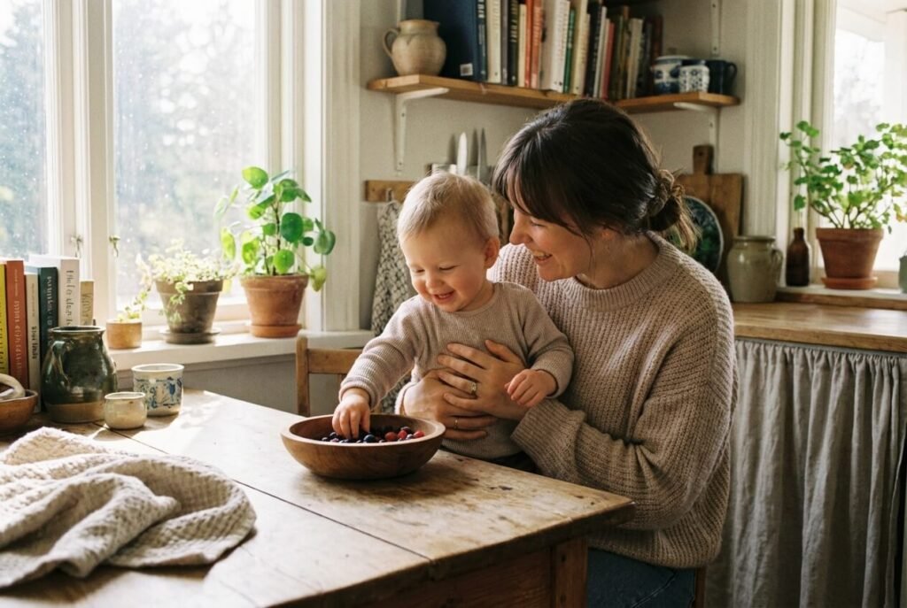 A parent and a toddler at home