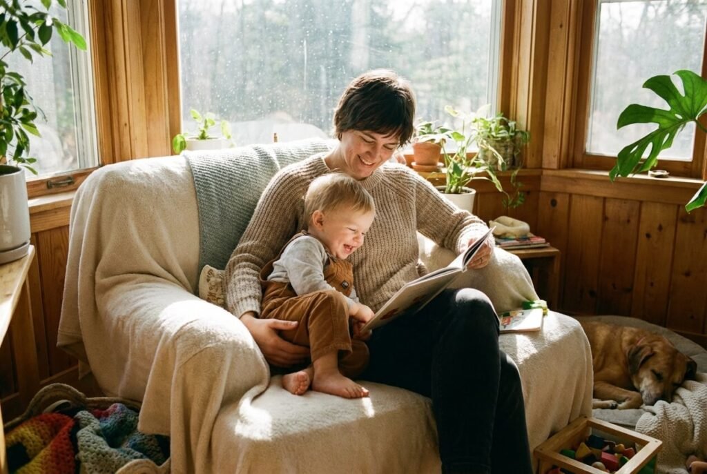 A parent reading to a toddler