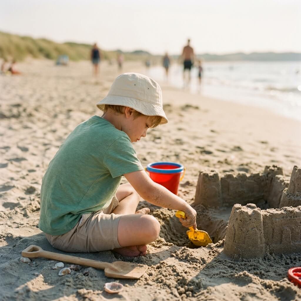 A boy building a sandcastle at the beach