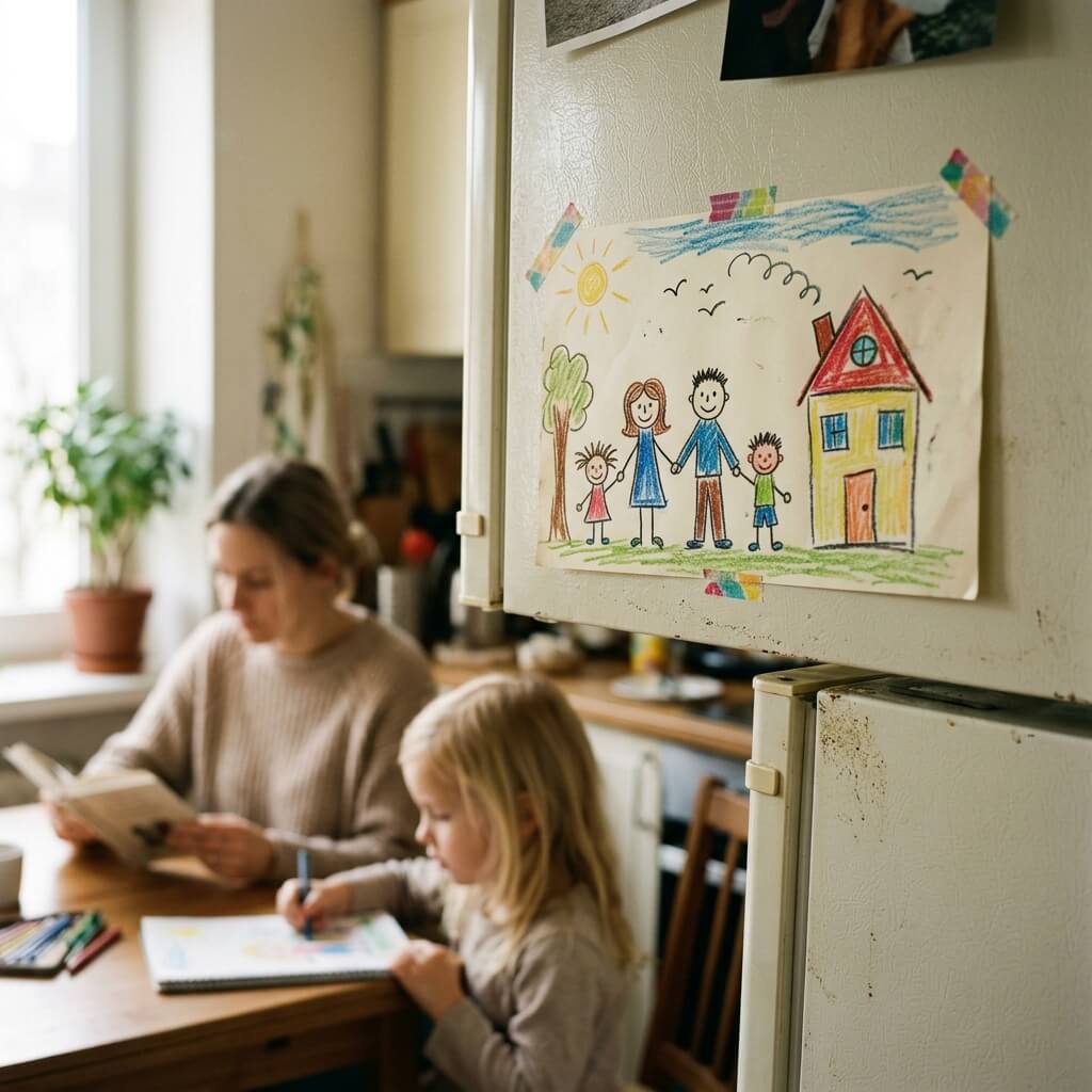A child's crayon drawing of a family, taped to a fridge