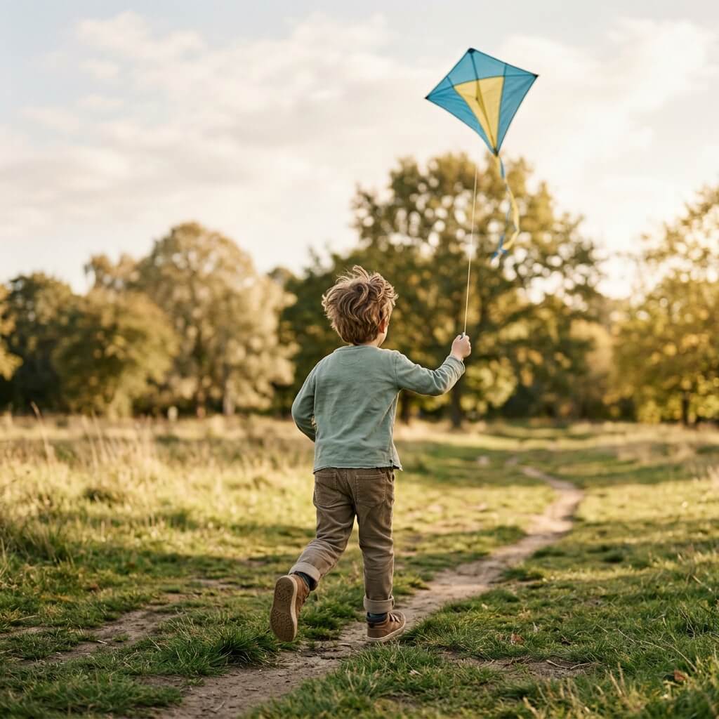 A boy running across a park with a kite