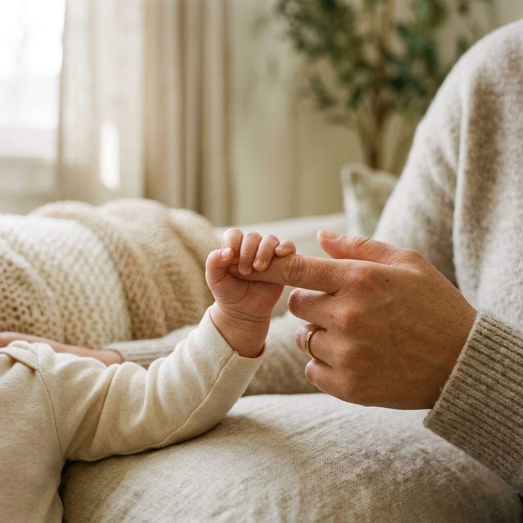 A baby's hand holding a parent's finger