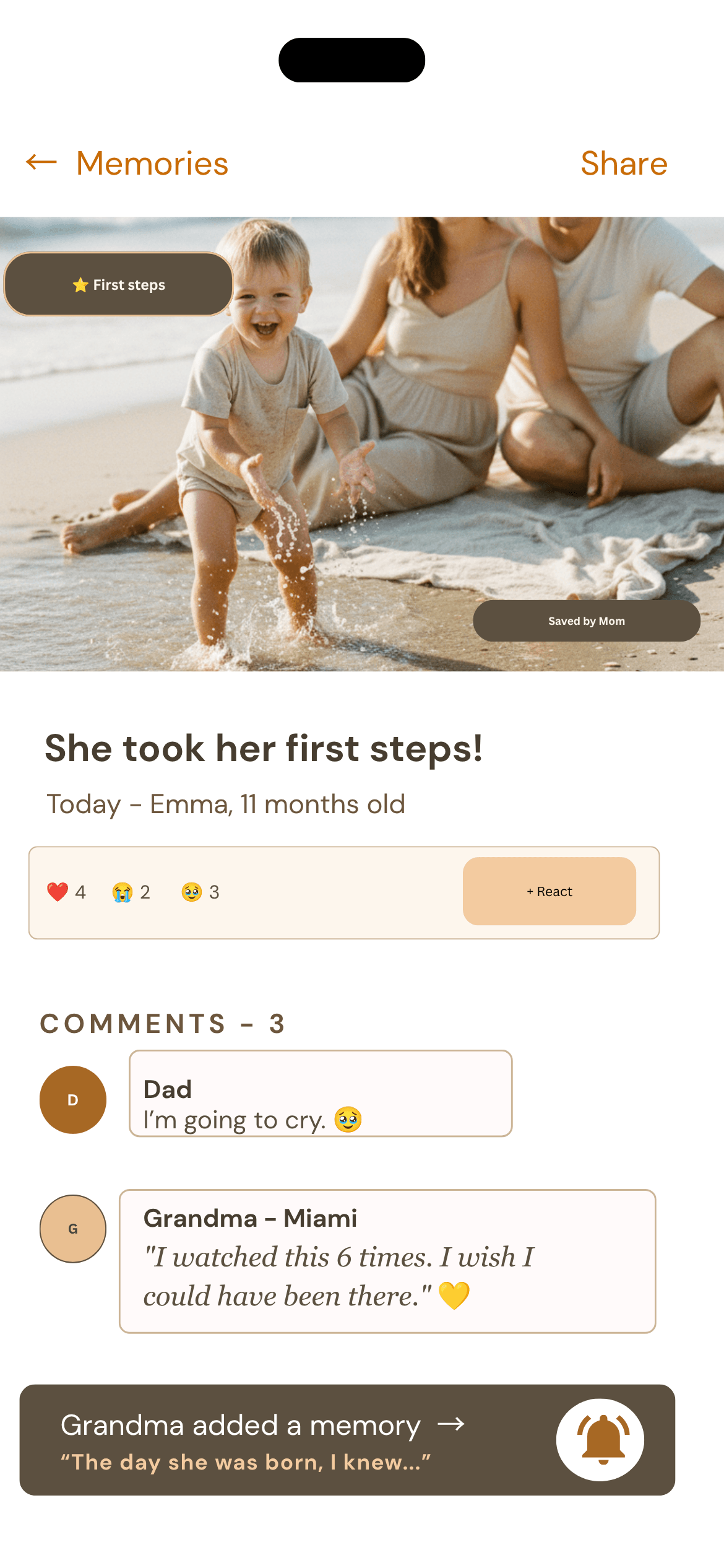 A family memory with comments and reactions in The Days We Keep app