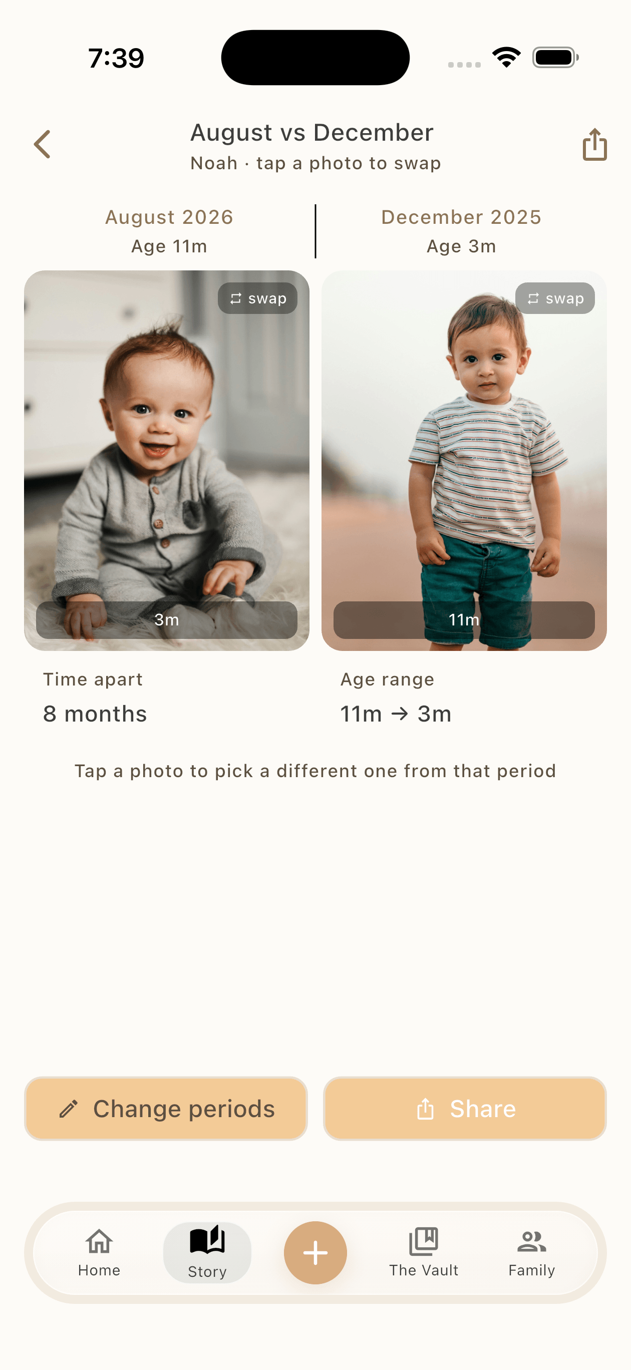 A Then / Now postcard in Photo Journey in The Days We Keep app
