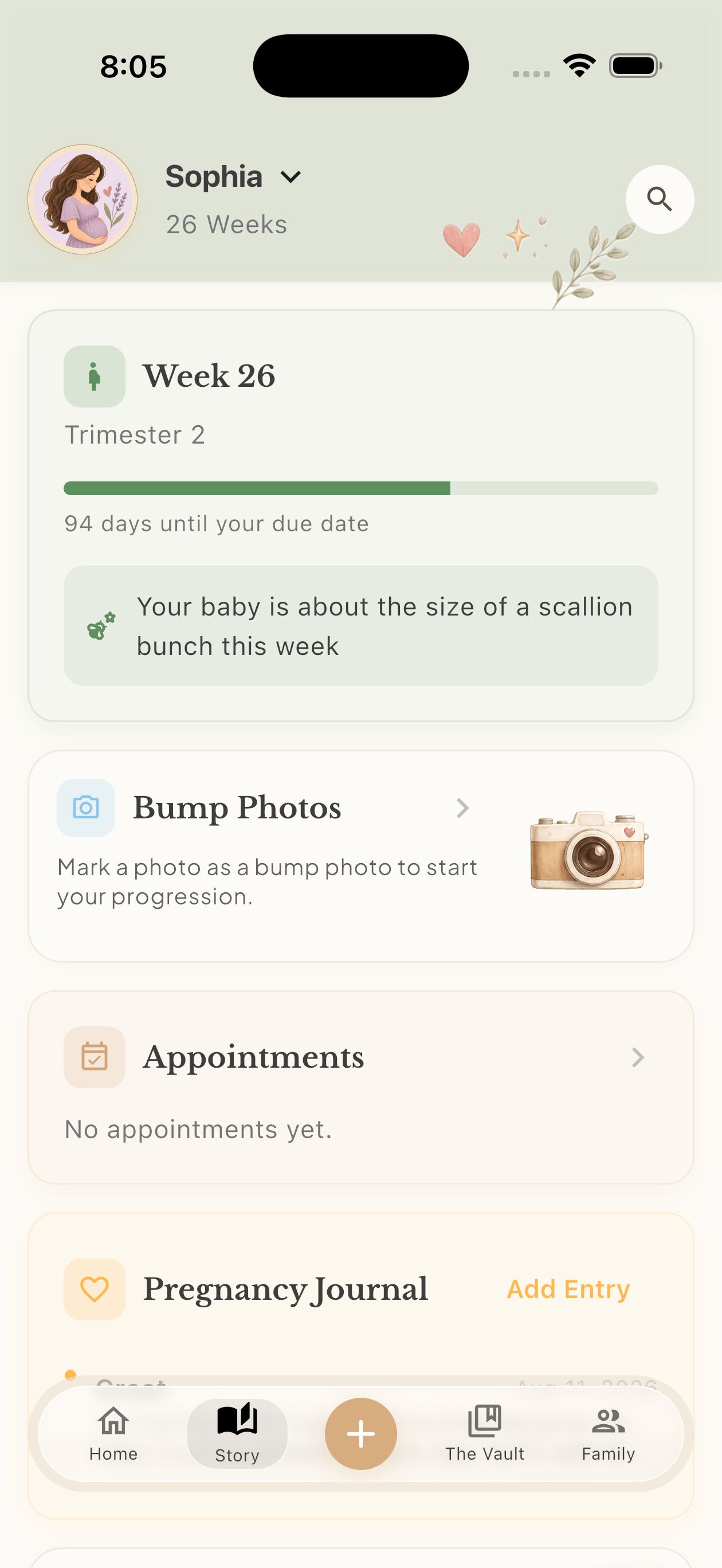 A pregnancy profile: week progress and bump photos in The Days We Keep app