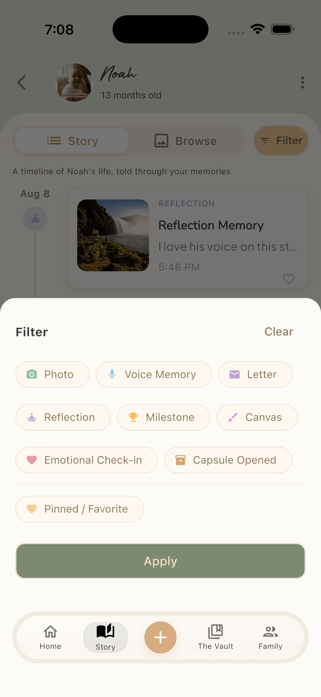 Story Timeline with the memory-kind filter open in The Days We Keep app