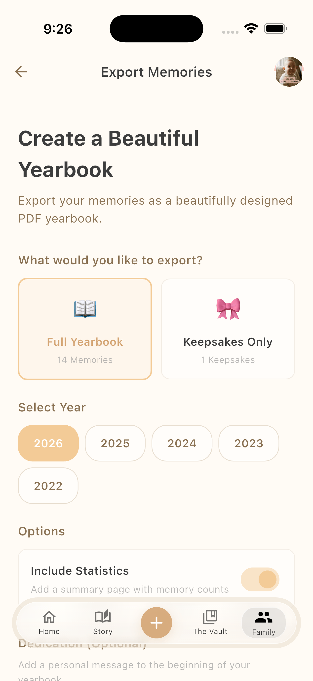 The Create Yearbook screen (year and options) in The Days We Keep app